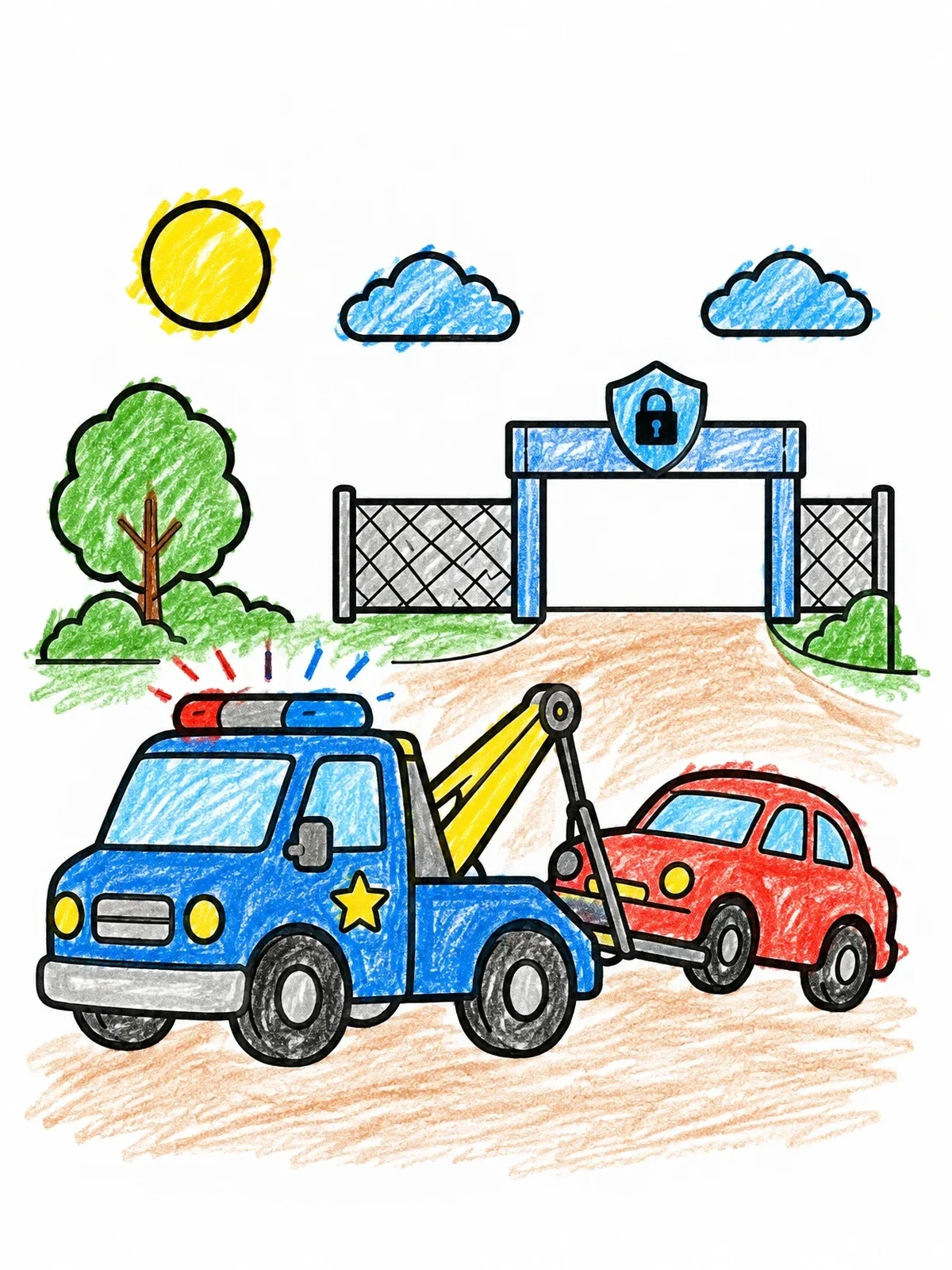 Colored example of the Police Tow Truck And Car coloring page