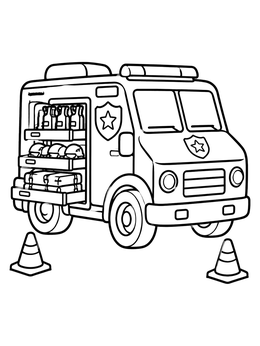 A police truck coloring page showing an emergency van with open gear shelves and traffic cones.