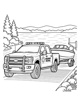 A police truck coloring page showing a highway patrol pickup towing a boat trailer by a lake ramp.