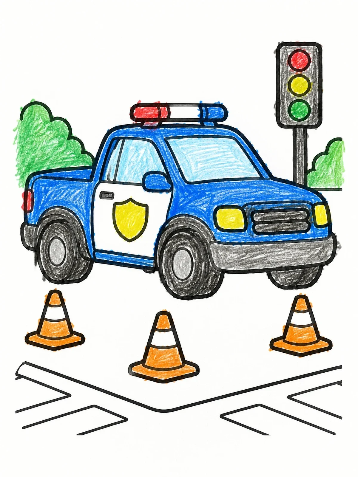 Colored example of the Police Pickup Truck At Traffic Cones coloring page