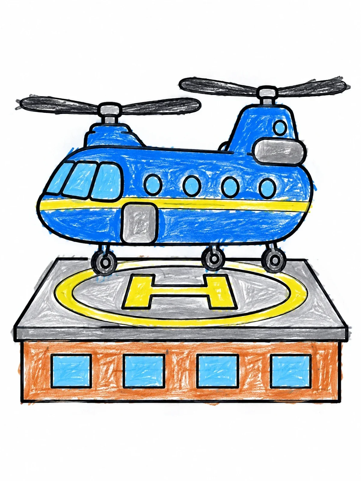 Colored example of the Twin Rotor Helicopter On Rooftop Helipad coloring page
