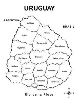A detailed Uruguay coloring page showing all departments, neighboring countries, and a compass rose.