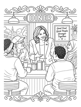 A friendly politician coloring page featuring a campaign stop at a busy local diner counter.