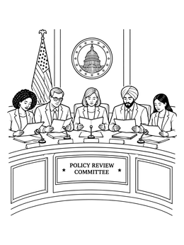 A politician coloring page showing five committee members reviewing documents at a curved conference desk.