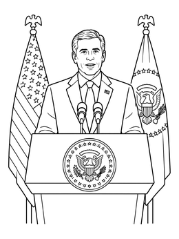 A politician coloring page showing a leader speaking at an official podium flanked by flags.