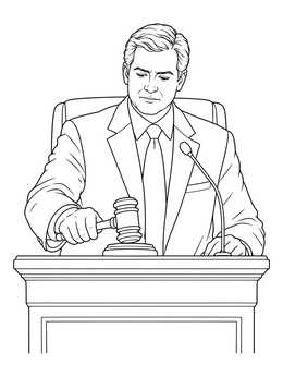 A formal speaker strikes a wooden gavel in this politician coloring page.