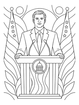 A detailed politician coloring page featuring a speaker at a podium with flags.