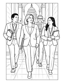 A politician coloring page showing a leader and aides walking through a hallway with the Capitol dome.