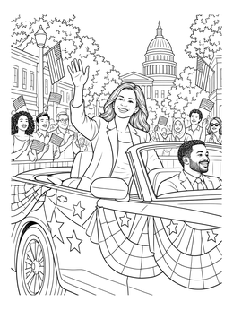 A smiling politician coloring page showing a candidate waving from a decorated car.