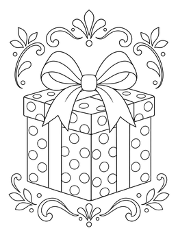 A decorative polka dots coloring page featuring a wrapped present box with a bow.