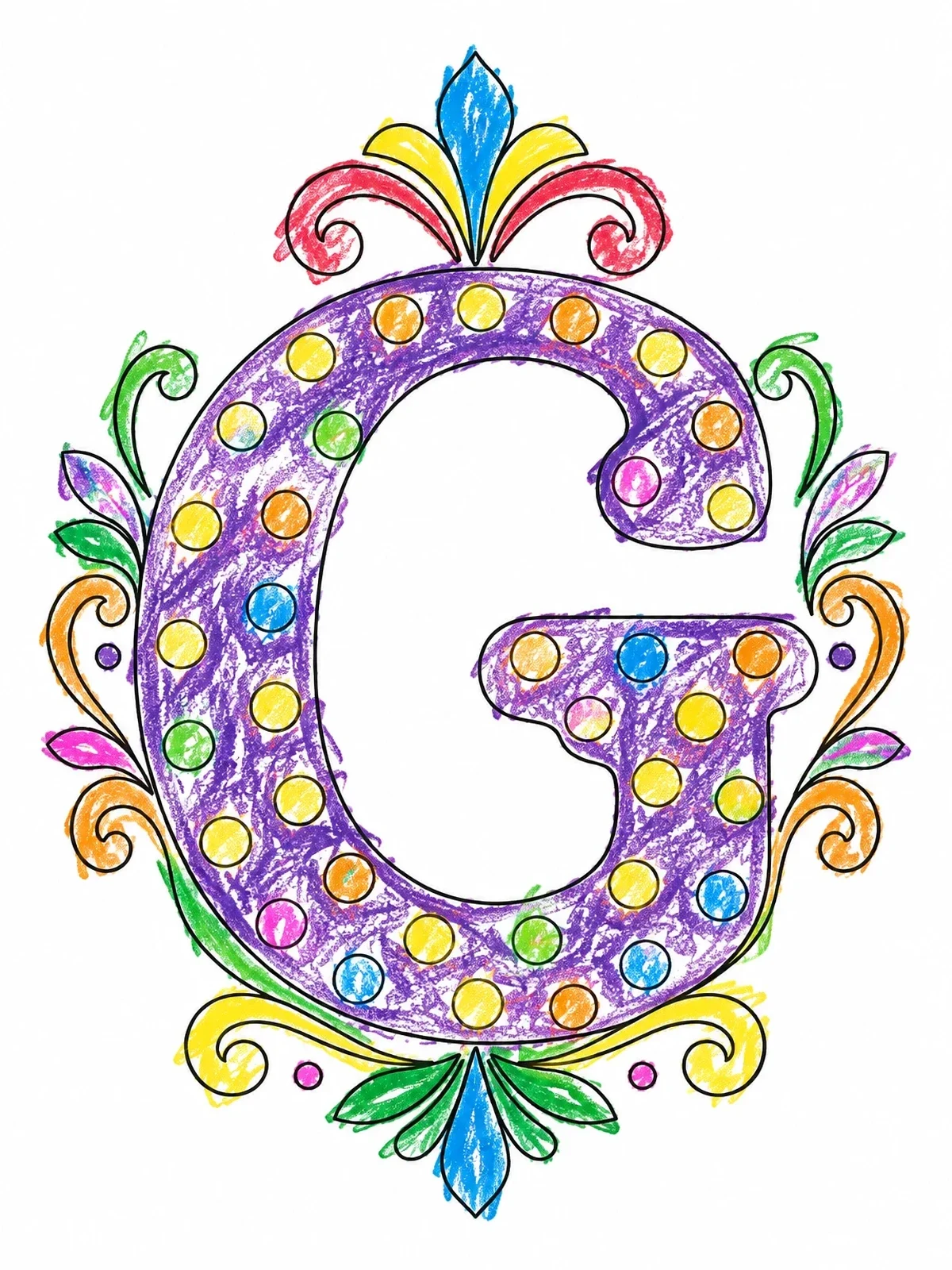 Colored example of the Polka Dot Letter G With Ornaments coloring page