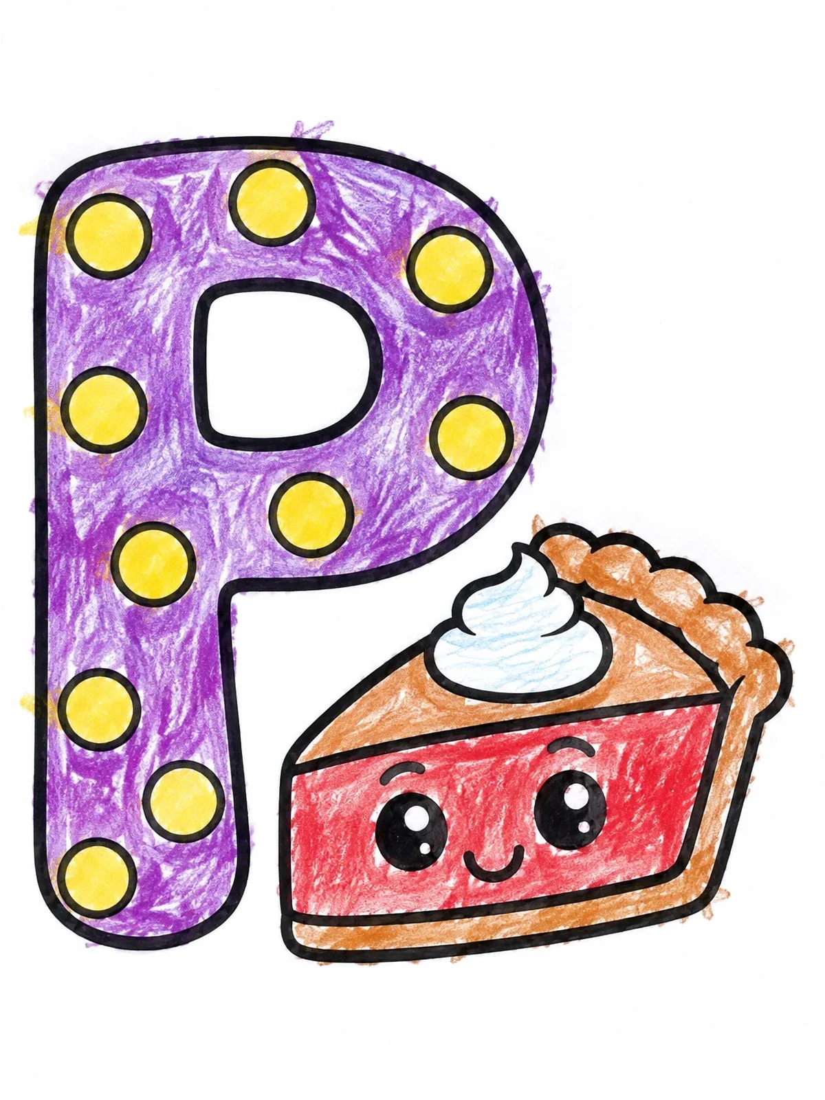 Colored example of the Polka Dot Letter P With Pie coloring page
