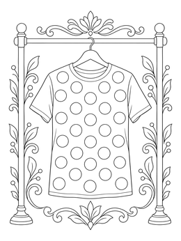 A polka dot pattern t-shirt hangs on an ornate rack in this dot day coloring page.