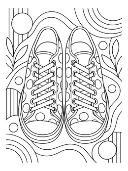 A stylish pair of sneakers in a polka dots coloring page surrounded by abstract shapes.