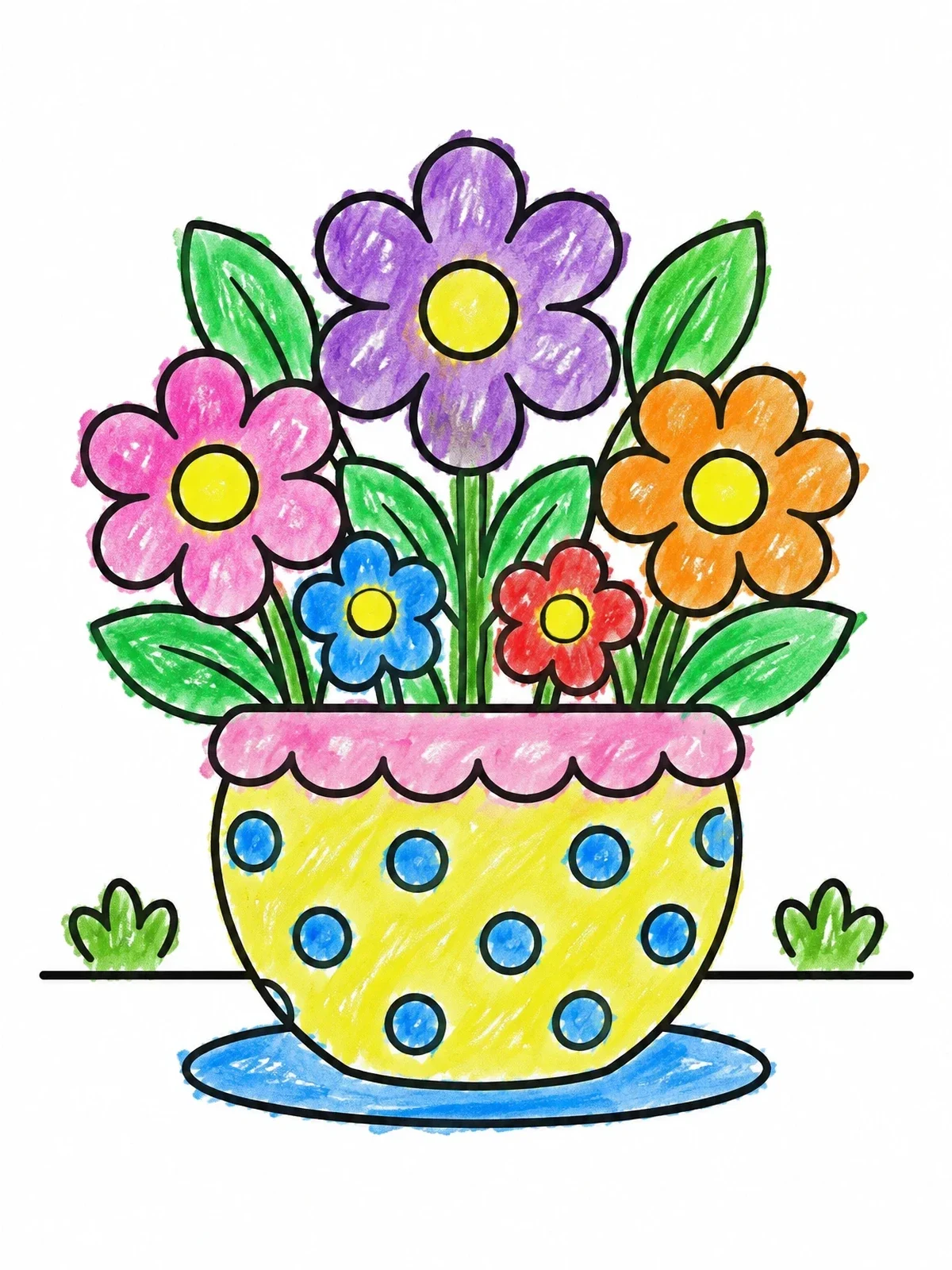 Colored example of the Polka Dot Vase With Cheerful Flowers coloring page