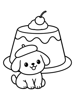 Free printable Cute Puppy With Beret And Giant Pudding coloring page