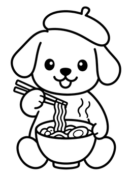 Free printable Cute Puppy Eating Ramen Noodles coloring page