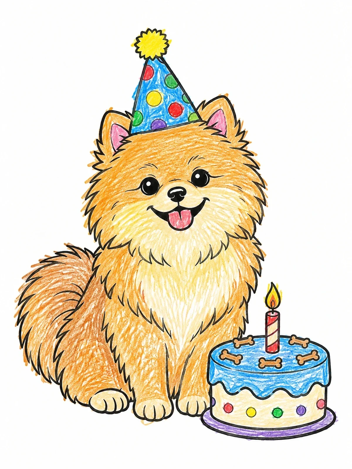 Colored example of the Pomeranian With Birthday Cake And Party Hat coloring page