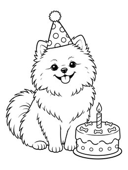 Free printable Pomeranian With Birthday Cake And Party Hat coloring page