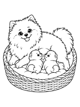 Free printable Pomeranian Dog With Puppies In Basket coloring page