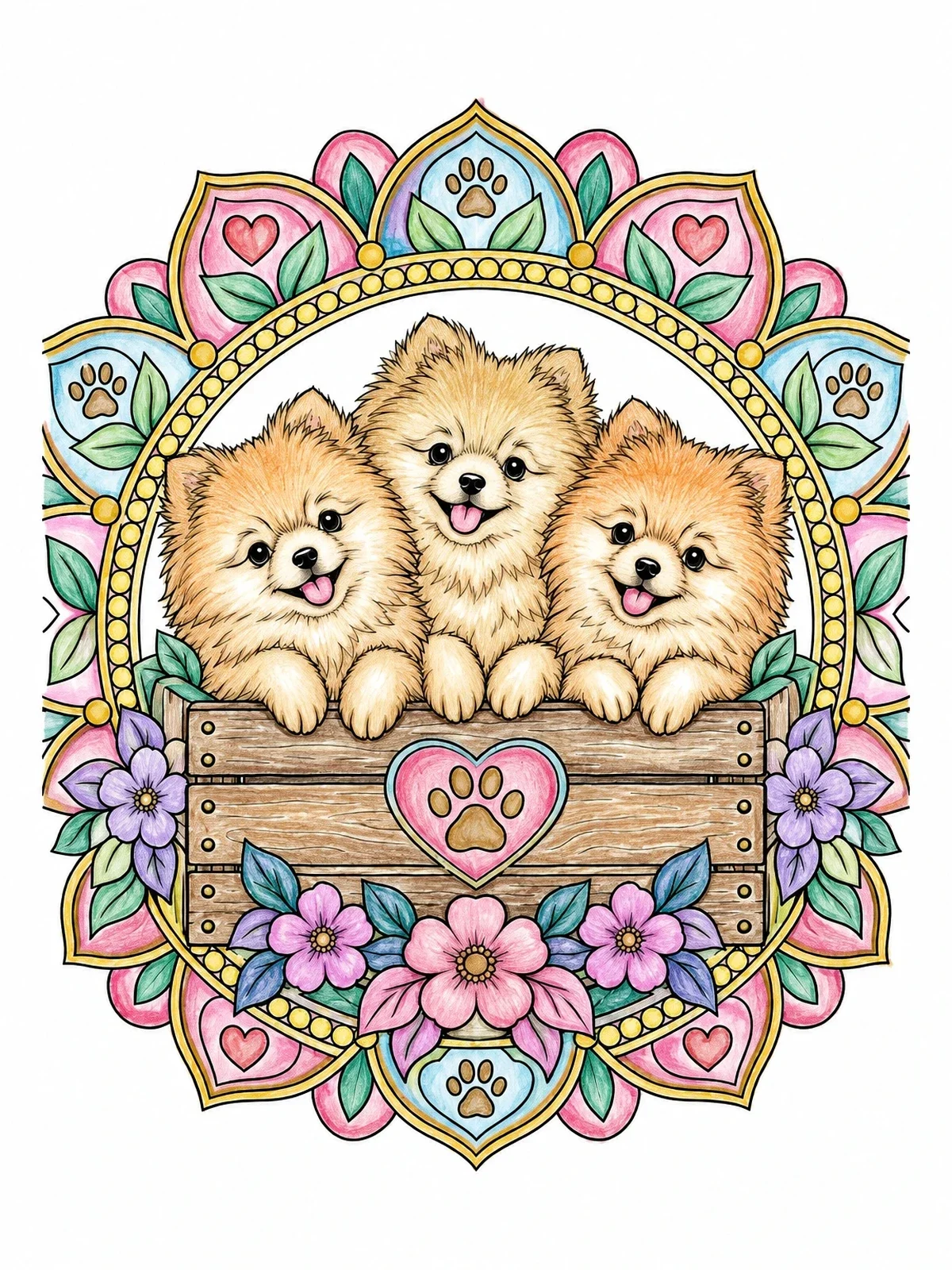 Colored example of the Pomeranian Puppies In Floral Mandala coloring page