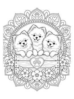 Free printable Pomeranian Puppies In Floral Mandala coloring page