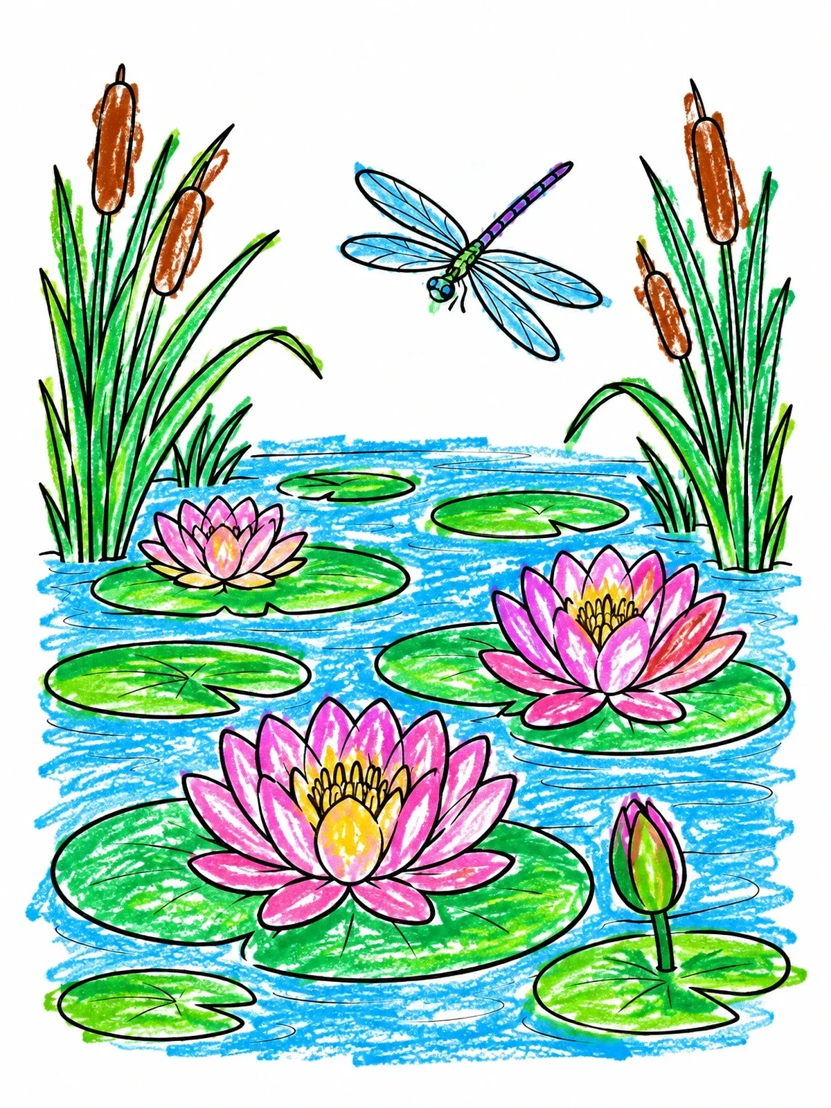 Colored example of the Lily Pads Pond With Dragonfly coloring page