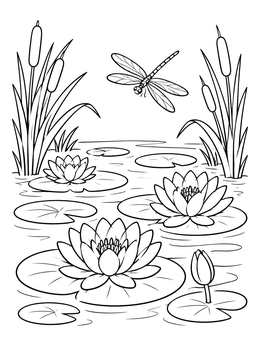 A peaceful lily pad coloring page with water lilies, reeds, and a flying dragonfly.