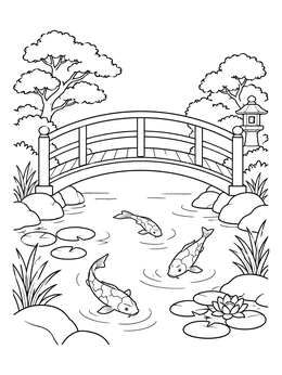 A serene garden with an arched bridge and swimming fish on this ponds coloring page.