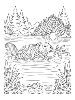 A beaver swimming with a branch in this ponds coloring page.
