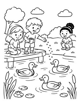 Free printable Children Feeding Ducks At The Pond coloring page