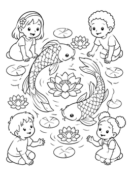 Free printable Children Watching Swimming Koi Fish coloring page