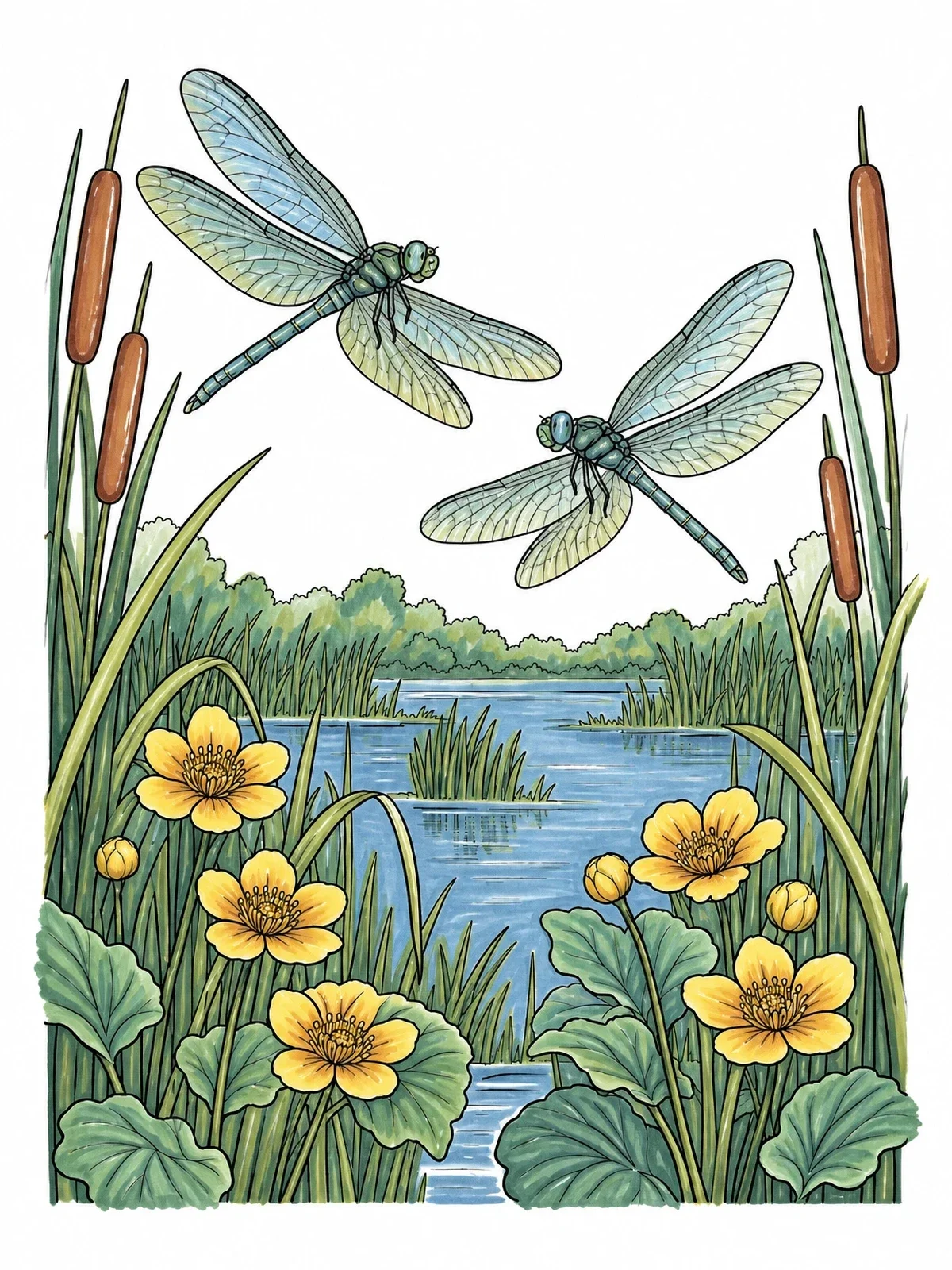 Colored example of the Dragonflies Hovering Above Marsh Flowers coloring page