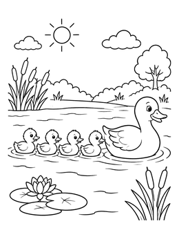 Free printable Duck Family Swimming In Pond coloring page