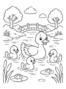 Free printable Duck Family Swimming In The Pond coloring page