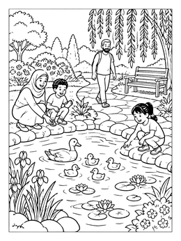 Free printable Family Watching Ducks At Park Pond coloring page