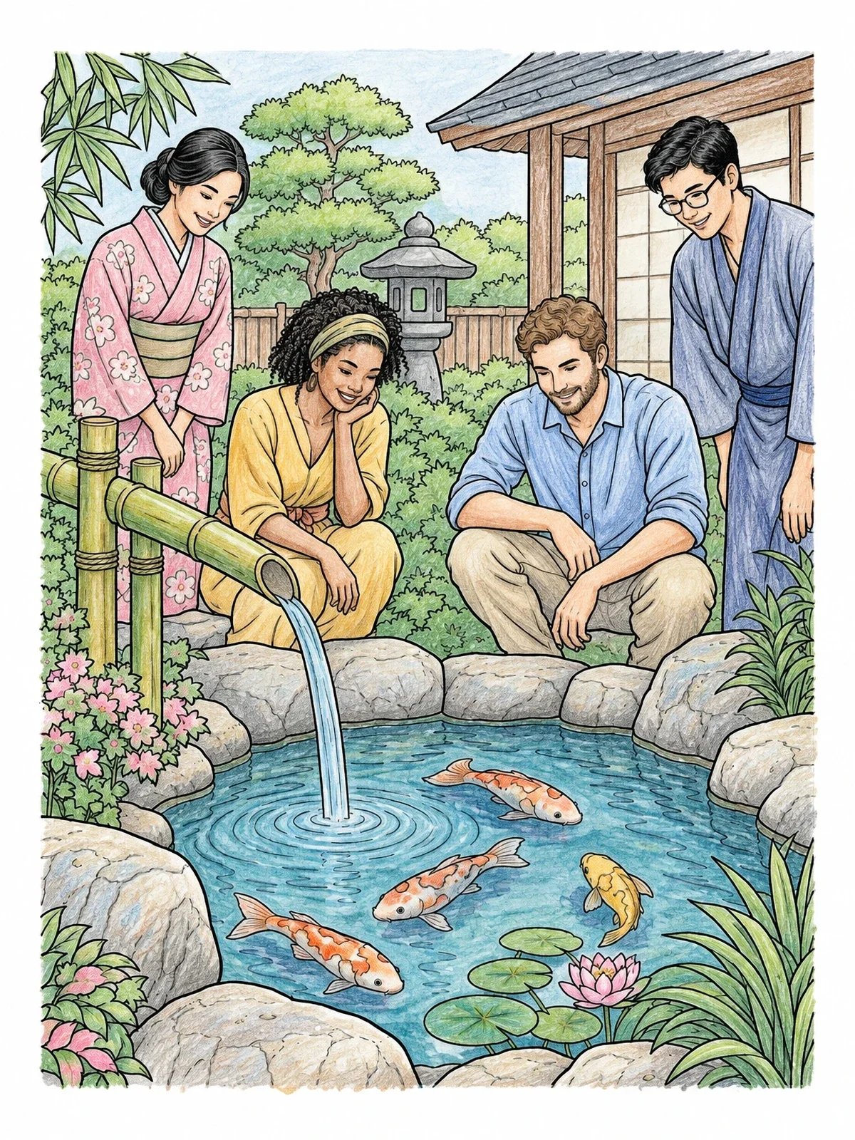 Colored example of the Friends Watching Koi By The Basin coloring page