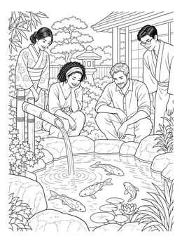 A group watches koi fish in a serene ponds coloring page with a bamboo fountain.