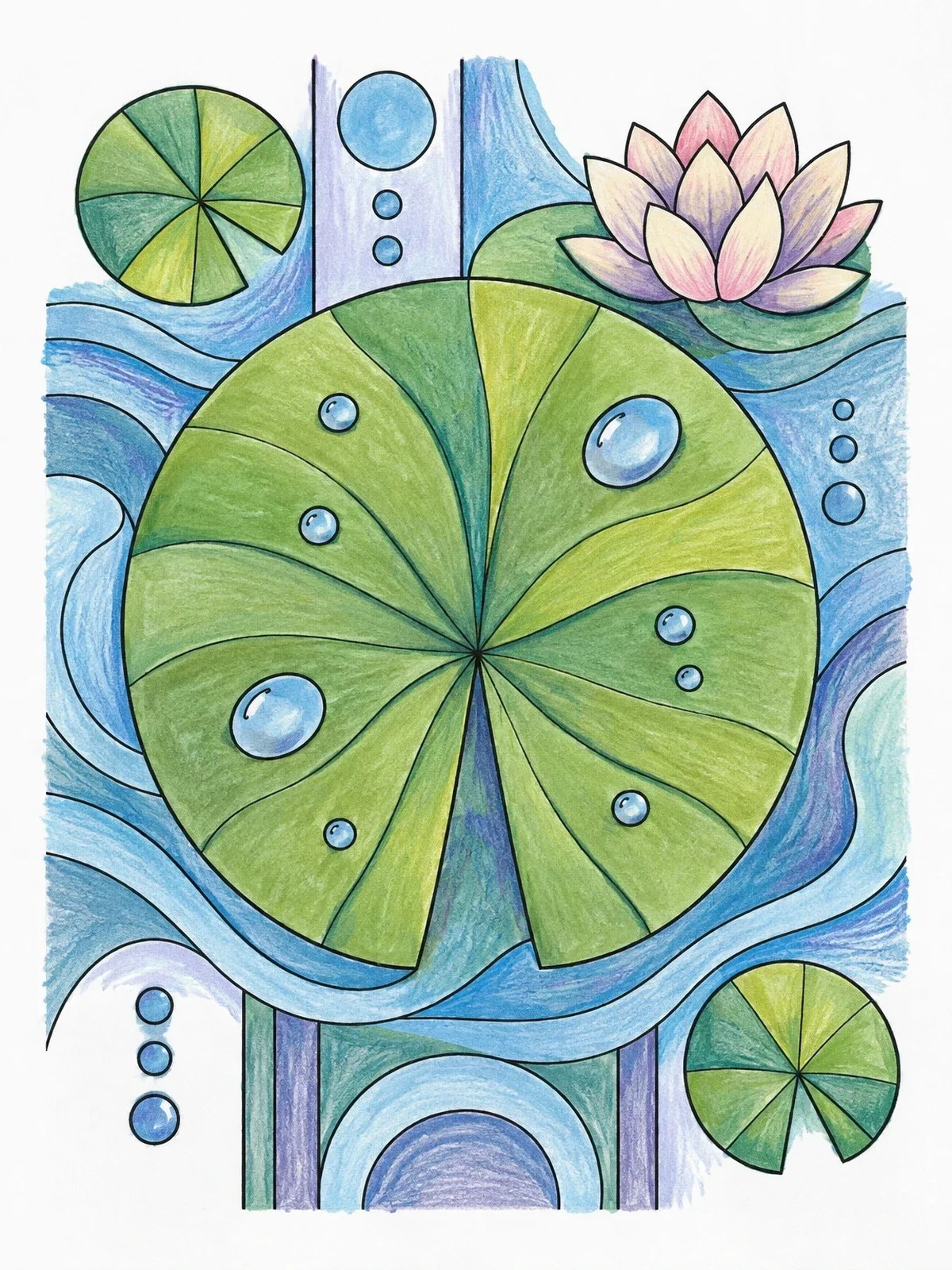 Colored example of the Geometric Lily Pad And Water Lotus coloring page