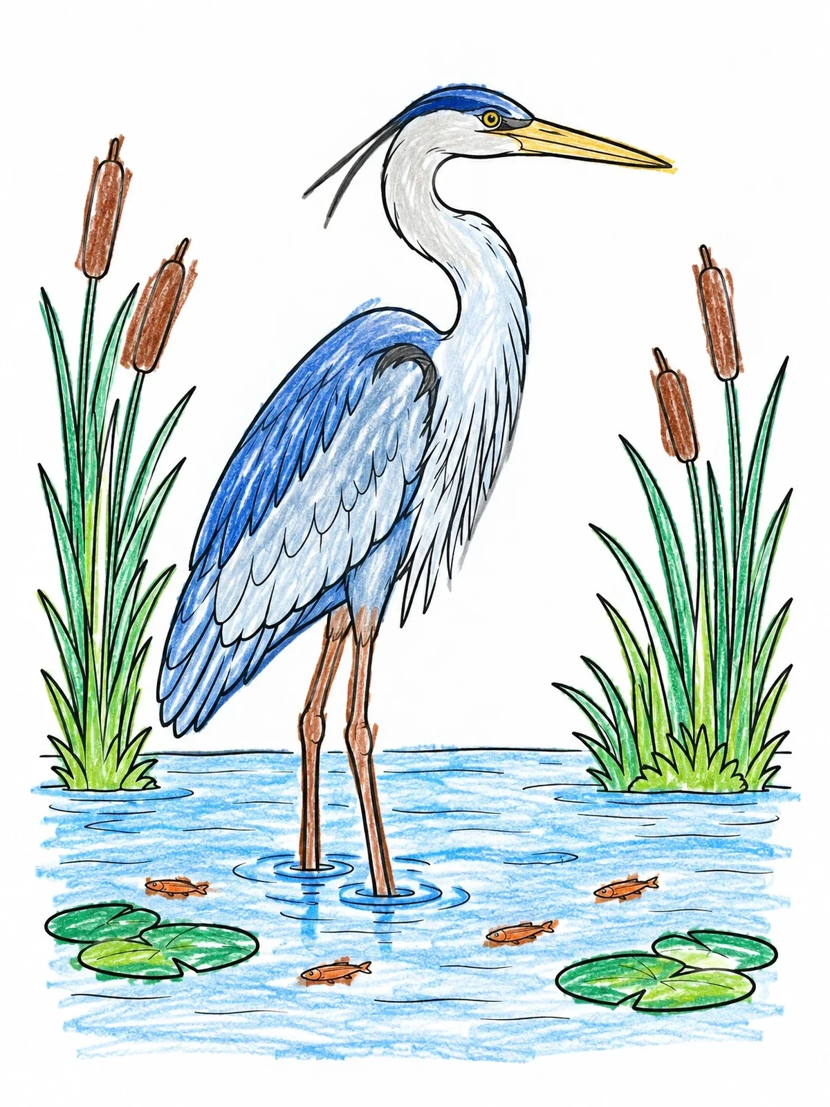 Colored example of the Heron Wading In Pond Waters coloring page