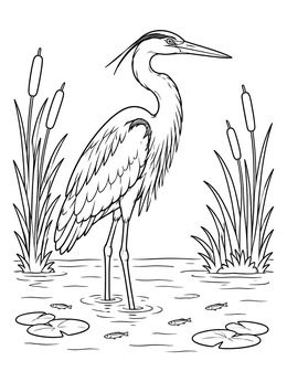 A graceful heron wading among reeds and lily pads in this ponds coloring page.