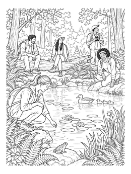 A group of hikers exploring nature near wildlife in this ponds coloring page.