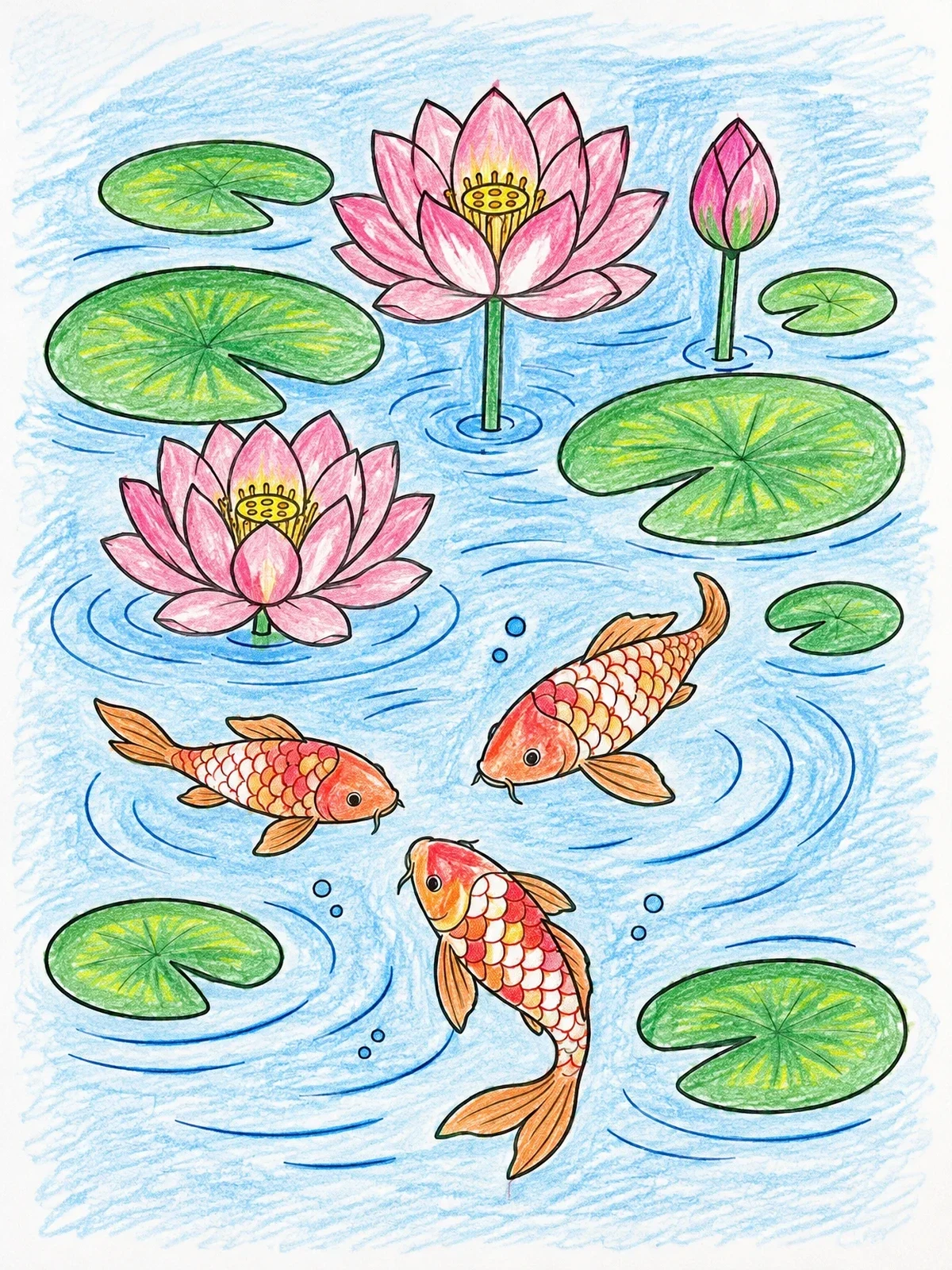Colored example of the Koi Fish And Blooming Water Lilies coloring page