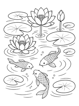 Koi fish swim among floating lily pads and lotus blooms in this ponds coloring page.