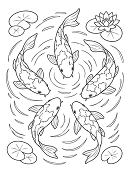 Five graceful koi fish swim in a circle in this relaxing ponds coloring page.