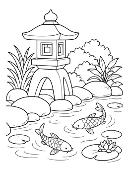 A peaceful ponds coloring page showing swimming koi beside a stone lantern.