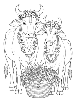 Two decorated cows standing beside a harvest basket in a pongal coloring page.