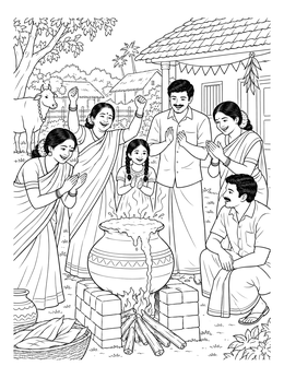 An Indian family rejoices as sweet rice boils over on this pongal coloring page.