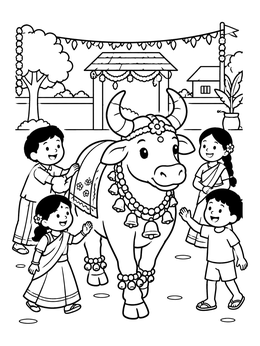 Free printable Decorated Bull And Happy Children coloring page