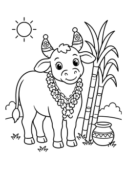 Free printable Festive Cow With Sugarcane And Pot coloring page